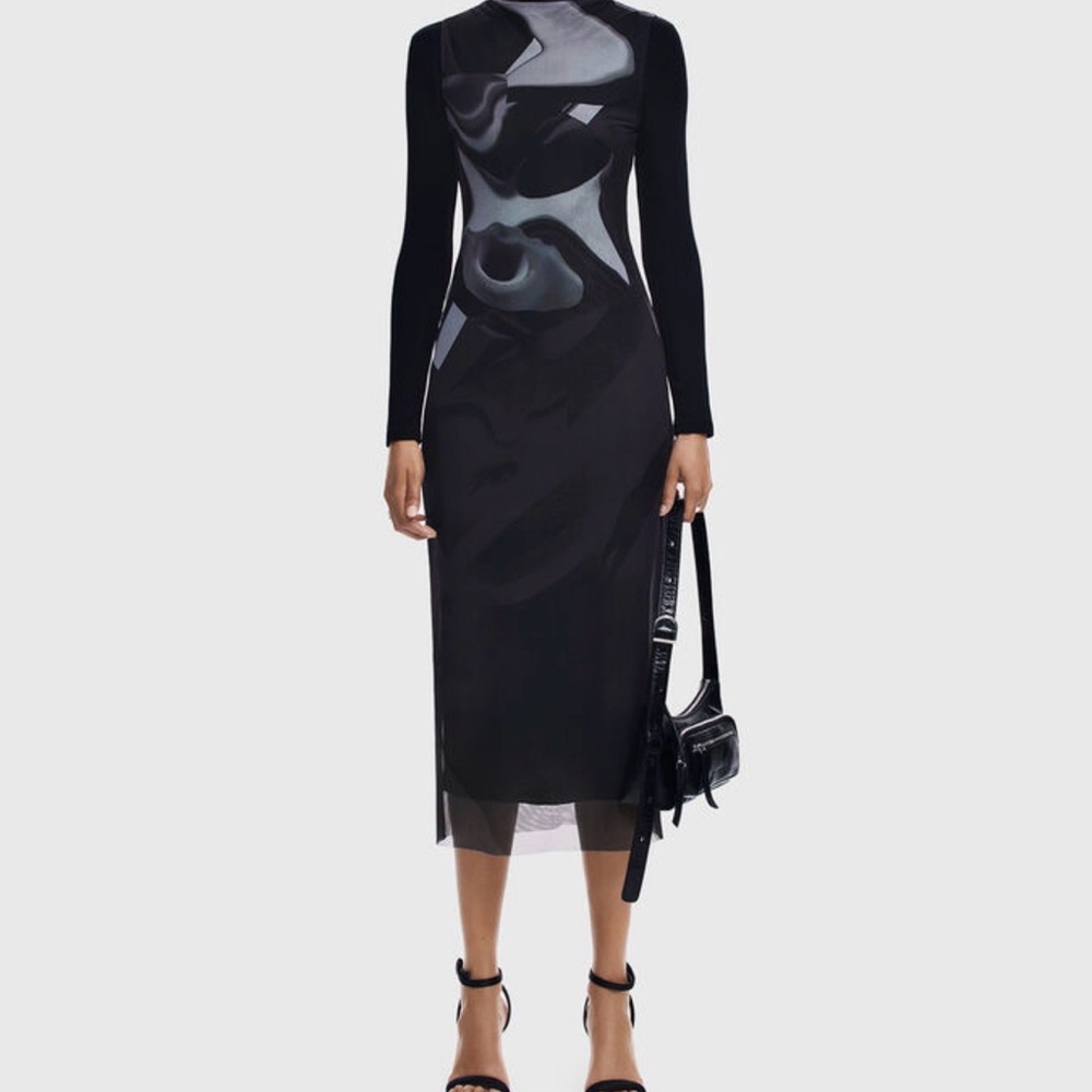 NWOT Desigual $189 MSRP Lincoln Sheer Sleeveless Black & Gray Mesh Midi Dress - Picture 7 of 11